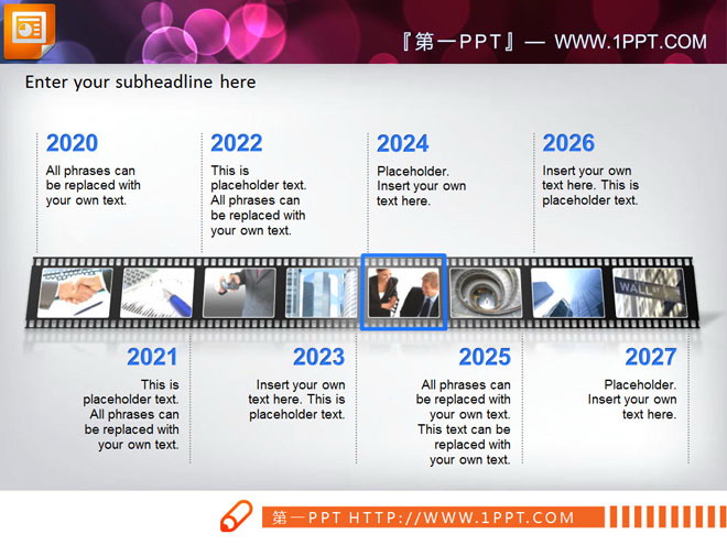 PPT流程图 胶片样式的年代历程PPT图模板下载