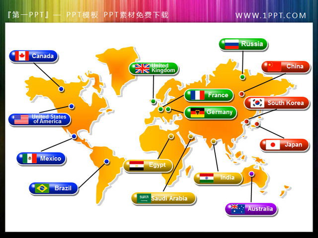 世界地图国家国旗 精美的带国家标识的世界地图PPT背景图片