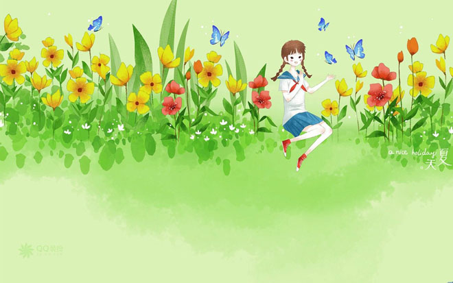 绿色背景图片 夏天花丛中嬉戏蝴蝶的女孩PPT背景图片