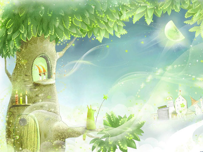 绿色背景图片 月光下的月亮树与精灵唯美PPT背景图片