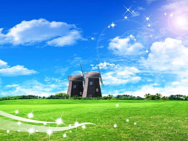 PPT背景图片 阳光明媚的草地风车PPT背景图片