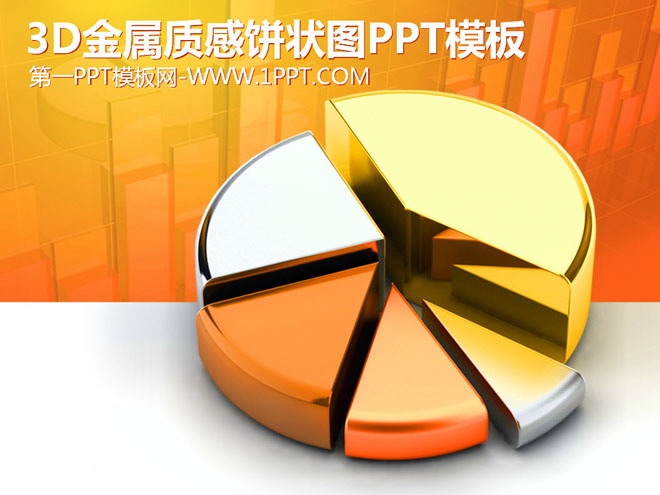 黄色、金色PPT背景 金色3D饼状图背景的数据分析PPT模板