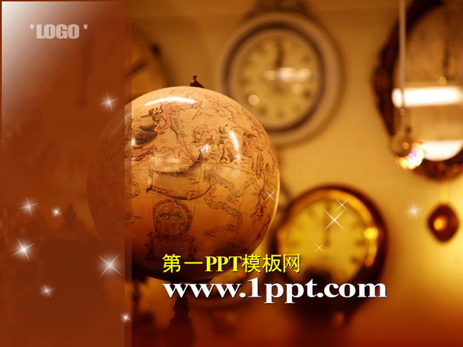 褐色咖啡色PPT背景 地球仪时钟背景的古典幻灯片模板