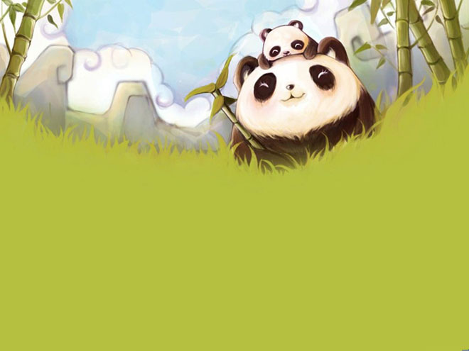 绿色背景图片 绿色竹林里的大熊猫和小熊猫PPT背景图片