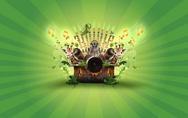 绿色幻灯片背景 有趣的动物音乐会卡通PPT背景图片