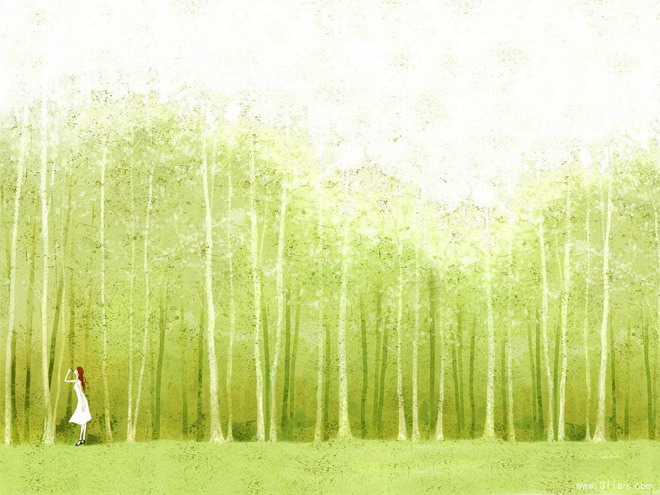 绿色PPT背景图片 磨砂材质彩绘森林人物PPT背景图片