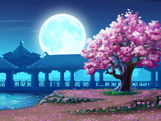 蓝色PPT背景图片 圆圆的月亮和烂漫樱花PPT背景图片