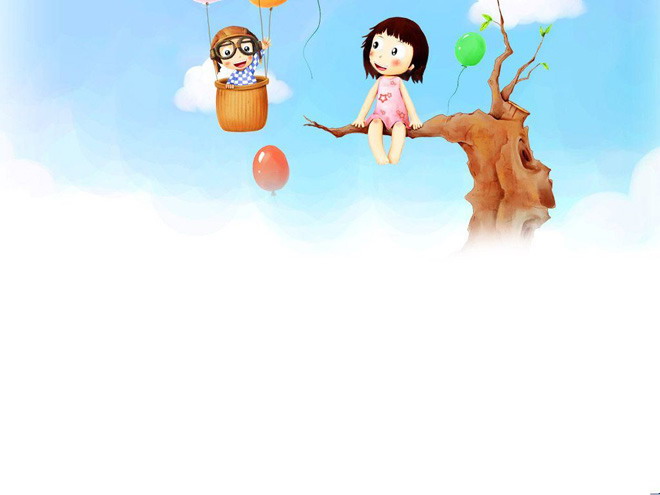 气球背景图片 坐在树枝上的小女孩卡通PPT背景图片