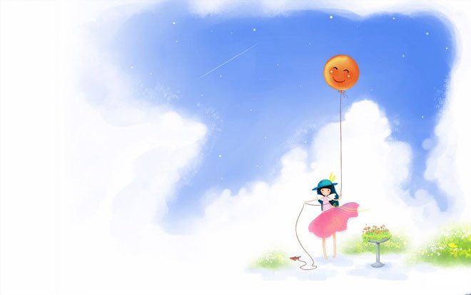 蓝天白云背景图片 蓝天白云下放气球的女孩PPT背景图片