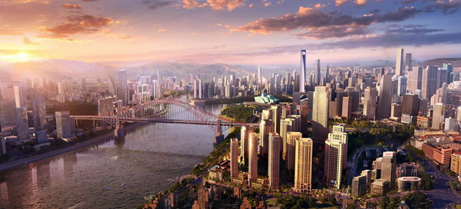 国外幻灯片背景图片 国外高楼耸立的现代化城市与桥梁PPT背景图片