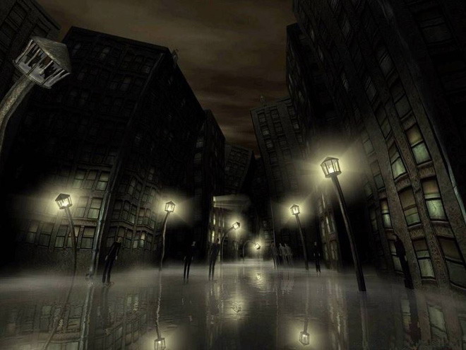 黑色背景图片 夜晚路灯下的街市PPT背景图片