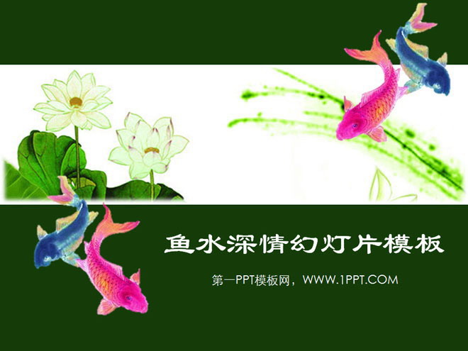 绿色PPT背景 鲤鱼荷花背景的中国风幻灯片模板下载