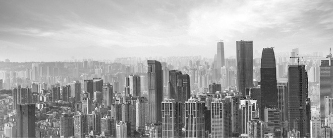 灰色现代化城市PPT背景图片 灰色超宽屏商业建筑幻灯片背景图片