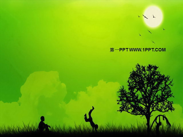 绿色PPT背景 绿色背景小孩戏耍艺术PPT模板